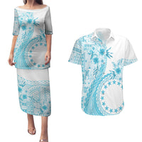 Kia Orana Cook Islands Couples Matching Puletasi and Hawaiian Shirt Tiare and Stars - Turquoise