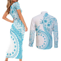Kia Orana Cook Islands Couples Matching Short Sleeve Bodycon Dress and Long Sleeve Button Shirt Tiare and Stars - Turquoise