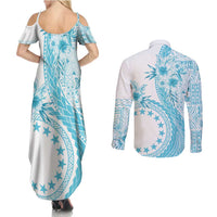 Kia Orana Cook Islands Couples Matching Summer Maxi Dress and Long Sleeve Button Shirt Tiare and Stars - Turquoise