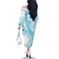 Kia Orana Cook Islands Family Matching Off The Shoulder Long Sleeve Dress and Hawaiian Shirt Tiare and Stars - Turquoise LT7 - Polynesian Pride