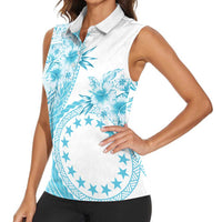 Kia Orana Cook Islands Women Sleeveless Polo Shirt Tiare and Stars - Turquoise LT7 - Polynesian Pride