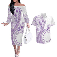 Kia Orana Cook Islands Couples Matching Off The Shoulder Long Sleeve Dress and Hawaiian Shirt Tiare and Stars - Lavender LT7 Lavender - Polynesian Pride
