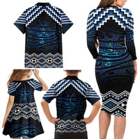 New Zealand Matariki Family Matching Long Sleeve Bodycon Dress and Hawaiian Shirt Galaxy Styled Taniko