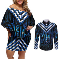 New Zealand Matariki Couples Matching Off Shoulder Short Dress and Long Sleeve Button Shirt Galaxy Poutama Motifs