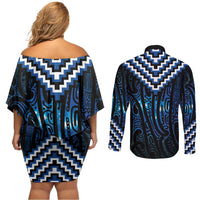 New Zealand Matariki Couples Matching Off Shoulder Short Dress and Long Sleeve Button Shirt Galaxy Poutama Motifs