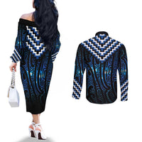New Zealand Matariki Couples Matching Off The Shoulder Long Sleeve Dress and Long Sleeve Button Shirt Galaxy Poutama Motifs