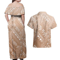 Hawaii Beige Kapa Couples Matching Off Shoulder Maxi Dress and Hawaiian Shirt Vintage 'Ohe Kāpala Motifs Mix Plumeria Leis LT7 - Polynesian Pride