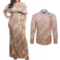 Hawaii Beige Kapa Couples Matching Off Shoulder Maxi Dress and Long Sleeve Button Shirt Vintage 'Ohe Kāpala Motifs Mix Plumeria Leis LT7 Beige - Polynesian Pride