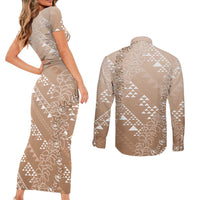 Hawaii Beige Kapa Couples Matching Short Sleeve Bodycon Dress and Long Sleeve Button Shirt Vintage 'Ohe Kāpala Motifs Mix Plumeria Leis LT7 - Polynesian Pride