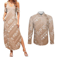 Hawaii Beige Kapa Couples Matching Summer Maxi Dress and Long Sleeve Button Shirt Vintage 'Ohe Kāpala Motifs Mix Plumeria Leis LT7 Beige - Polynesian Pride