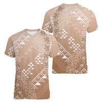 Hawaii Beige Kapa Women V-Neck T-Shirt Vintage 'Ohe Kāpala Motifs Mix Plumeria Leis LT7 - Polynesian Pride