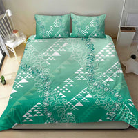 Hawaii Jade Green Kapa Bedding Set Vintage 'Ohe Kāpala Motifs Mix Plumeria Leis