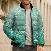 Hawaii Jade Green Kapa Bomber Puffer Jacket Vintage 'Ohe Kāpala Motifs Mix Plumeria Leis