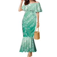 Hawaii Jade Green Kapa Family Matching Mermaid Dress and Hawaiian Shirt Vintage 'Ohe Kāpala Motifs Mix Plumeria Leis LT7 Mom's Dress Jade Green - Polynesian Pride