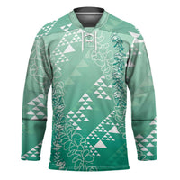 Hawaii Jade Green Kapa Hockey Jersey Vintage 'Ohe Kāpala Motifs Mix Plumeria Leis
