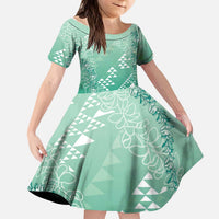 Hawaii Jade Green Kapa Kid Short Sleeve Dress Vintage 'Ohe Kāpala Motifs Mix Plumeria Leis LT7 KID Jade Green - Polynesian Pride