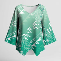 Hawaii Jade Green Kapa Kimono Sleeve Blouse Vintage 'Ohe Kāpala Motifs Mix Plumeria Leis