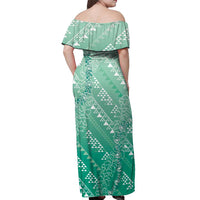Hawaii Jade Green Kapa Off Shoulder Maxi Dress Vintage 'Ohe Kāpala Motifs Mix Plumeria Leis