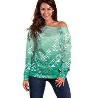 Hawaii Jade Green Kapa Off Shoulder Sweater Vintage 'Ohe Kāpala Motifs Mix Plumeria Leis