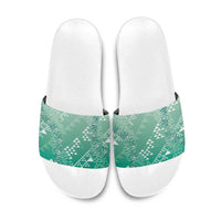 Hawaii Jade Green Kapa Slide Sandals Vintage 'Ohe Kāpala Motifs Mix Plumeria Leis