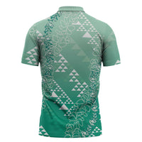 Hawaii Jade Green Kapa Zipper Polo Shirt Vintage 'Ohe Kāpala Motifs Mix Plumeria Leis LT7 - Polynesian Pride