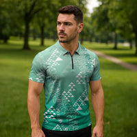 Hawaii Jade Green Kapa Zipper Polo Shirt Vintage 'Ohe Kāpala Motifs Mix Plumeria Leis LT7 - Polynesian Pride
