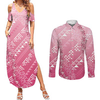 Hawaii Rose Pink Kapa Couples Matching Summer Maxi Dress and Long Sleeve Button Shirt Vintage 'Ohe Kāpala Motifs Mix Plumeria Leis LT7 Rose Pink - Polynesian Pride