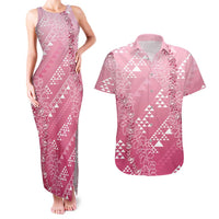 Hawaii Rose Pink Kapa Couples Matching Tank Maxi Dress and Hawaiian Shirt Vintage 'Ohe Kāpala Motifs Mix Plumeria Leis LT7 Rose Pink - Polynesian Pride