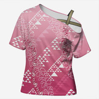 Hawaii Rose Pink Kapa Cross Shoulder Shirt Vintage 'Ohe Kāpala Motifs Mix Plumeria Leis