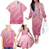Hawaii Rose Pink Kapa Family Matching Off The Shoulder Long Sleeve Dress and Hawaiian Shirt Vintage 'Ohe Kāpala Motifs Mix Plumeria Leis LT7 - Polynesian Pride