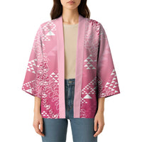 Hawaii Rose Pink Kapa Kimono Vintage 'Ohe Kāpala Motifs Mix Plumeria Leis