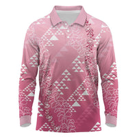 Hawaii Rose Pink Kapa Long Sleeve Polo Shirt Vintage 'Ohe Kāpala Motifs Mix Plumeria Leis LT7 Rose Pink - Polynesian Pride