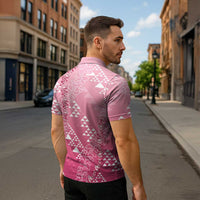 Hawaii Rose Pink Kapa Zipper Polo Shirt Vintage 'Ohe Kāpala Motifs Mix Plumeria Leis LT7 - Polynesian Pride