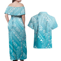 Hawaii Turquoise Kapa Couples Matching Off Shoulder Maxi Dress and Hawaiian Shirt Vintage 'Ohe Kāpala Motifs Mix Plumeria Leis LT7 - Polynesian Pride