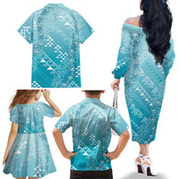 Hawaii Turquoise Kapa Family Matching Off The Shoulder Long Sleeve Dress and Hawaiian Shirt Vintage 'Ohe Kāpala Motifs Mix Plumeria Leis LT7 - Polynesian Pride