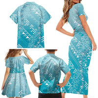 Hawaii Turquoise Kapa Family Matching Short Sleeve Bodycon Dress and Hawaiian Shirt Vintage 'Ohe Kāpala Motifs Mix Plumeria Leis LT7 - Polynesian Pride