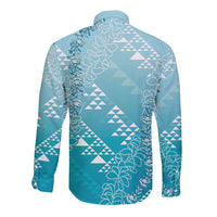 Hawaii Turquoise Kapa Long Sleeve Button Shirt Vintage 'Ohe Kāpala Motifs Mix Plumeria Leis
