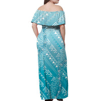 Hawaii Turquoise Kapa Off Shoulder Maxi Dress Vintage 'Ohe Kāpala Motifs Mix Plumeria Leis