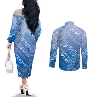 Hawaii Royal Blue Kapa Couples Matching Off The Shoulder Long Sleeve Dress and Long Sleeve Button Shirt Vintage 'Ohe Kāpala Motifs Mix Plumeria Leis LT7 - Polynesian Pride