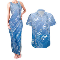 Hawaii Royal Blue Kapa Couples Matching Tank Maxi Dress and Hawaiian Shirt Vintage 'Ohe Kāpala Motifs Mix Plumeria Leis LT7 Royal Blue - Polynesian Pride