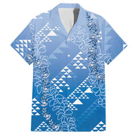Hawaii Royal Blue Kapa Family Matching Off Shoulder Short Dress and Hawaiian Shirt Vintage 'Ohe Kāpala Motifs Mix Plumeria Leis LT7 Dad's Shirt - Short Sleeve Royal Blue - Polynesian Pride