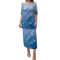 Hawaii Royal Blue Kapa Family Matching Puletasi and Hawaiian Shirt Vintage 'Ohe Kāpala Motifs Mix Plumeria Leis LT7 Mom's Dress Royal Blue - Polynesian Pride
