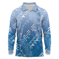 Hawaii Royal Blue Kapa Long Sleeve Polo Shirt Vintage 'Ohe Kāpala Motifs Mix Plumeria Leis LT7 Royal Blue - Polynesian Pride