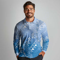 Hawaii Royal Blue Kapa Long Sleeve Polo Shirt Vintage 'Ohe Kāpala Motifs Mix Plumeria Leis LT7 - Polynesian Pride