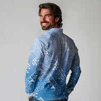 Hawaii Royal Blue Kapa Long Sleeve Polo Shirt Vintage 'Ohe Kāpala Motifs Mix Plumeria Leis LT7 - Polynesian Pride