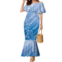 Hawaii Royal Blue Kapa Mermaid Dress Vintage 'Ohe Kāpala Motifs Mix Plumeria Leis LT7 Women Royal Blue - Polynesian Pride