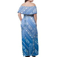 Hawaii Royal Blue Kapa Off Shoulder Maxi Dress Vintage 'Ohe Kāpala Motifs Mix Plumeria Leis