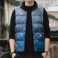 Hawaii Royal Blue Kapa Sleeveless Puffer Jacket Vintage 'Ohe Kāpala Motifs Mix Plumeria Leis