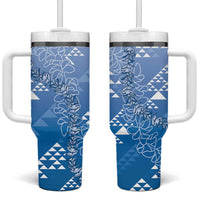 Hawaii Royal Blue Kapa Tumbler With Handle Vintage 'Ohe Kāpala Motifs Mix Plumeria Leis