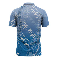 Hawaii Royal Blue Kapa Zipper Polo Shirt Vintage 'Ohe Kāpala Motifs Mix Plumeria Leis LT7 - Polynesian Pride